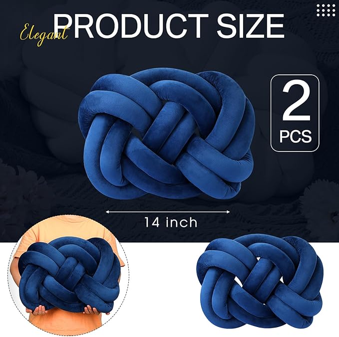 Sintuff Set of 2 Velvet Knot Pillow Ball 14 x 16 Inch Soft Decorative Knotted Throw Pillow for Christmas Thanksgiving Couch Home Sofa Bedroom Decor to Add Comfort and Style(Navy Blue)