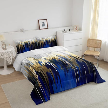 Erosebridal Abstract Art Comforter Set Queen Navy Gold Grey Bedding Set, Stripe Down Comforter Golden Metallic Sequins Bed Set, Dark Blue Tie Dye Quilted Duvet Luxurious Modern Bedroom Decor