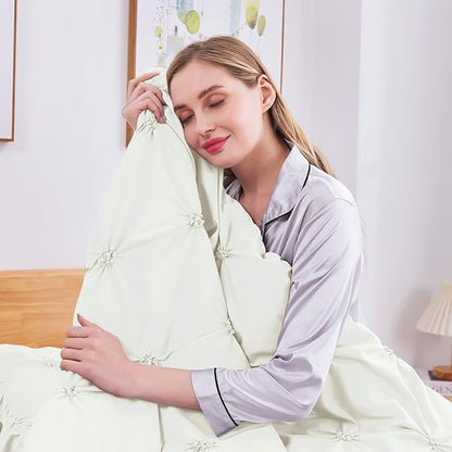 JOLLYVOGUE Ivory King Size Comforter Sets 7 Pieces, Pintuck Bed in a Bag Comforter Set for Bedroom, Bedding Comforter Sets with Comforter, Sheets, Ruffled Shams & Pillowcases