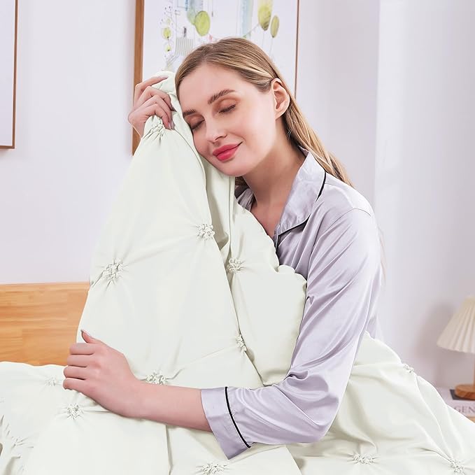 JOLLYVOGUE Ivory Cal King Size Comforter Sets 7 Pieces, Pintuck Bed in a Bag Comforter Set for Bedroom, Bedding Comforter Sets with Comforter, Sheets, Ruffled Shams & Pillowcases