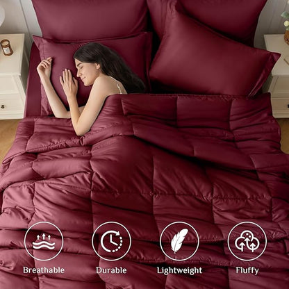 JOLLYVOGUE Twin Comforter Set, Ultra-Soft Bed in a Bag Twin Size 5 Pieces, Oeko-TEX Certified Bedding Set with Down Alternative Comforter, Sheets, Pillowcases & Shams, Burgundy