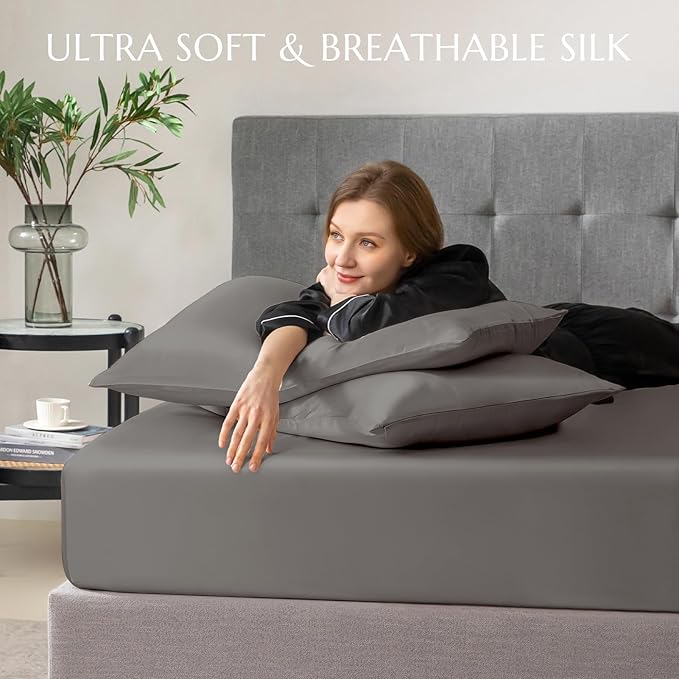 THXSILK 100% Mulberry Silk Fitted Sheet Set, 7A+ Silk 3 Pieces Bed Sheets, Breathable, Smooth, 16 Inch Deep Pocket Fitted Sheet, 2 Pillowcases - Charcoal, Twin