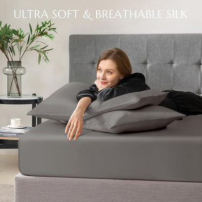 THXSILK 100% Mulberry Silk Fitted Sheet Set, 7A+ Silk 3 Pieces Bed Sheets, Breathable, Smooth, 16 Inch Deep Pocket Fitted Sheet, 2 Pillowcases - Charcoal, Twin