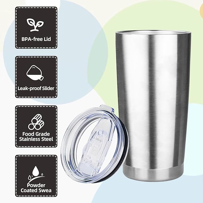 20oz Tumbler with Lid Stainless Steel Insulated Tumblers Travel Coffee Tumbler Bulk Double Wall Vacuum Insulated Water Cup Christmas Gifts for Women Men Her Him Home Office (Silver, 4pack)
