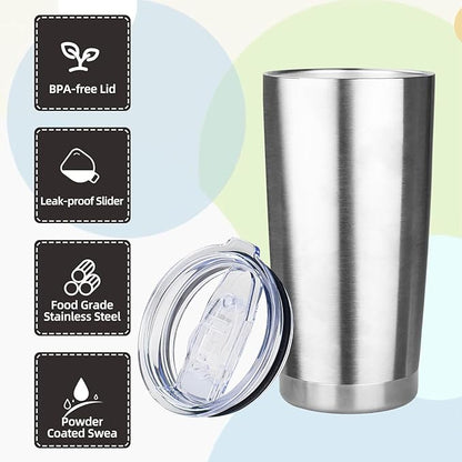 20oz Tumbler with Lid Stainless Steel Insulated Tumblers Travel Coffee Tumbler Bulk Double Wall Vacuum Insulated Water Cup Christmas Gifts for Women Men Her Him Home Office (Silver, 4pack)