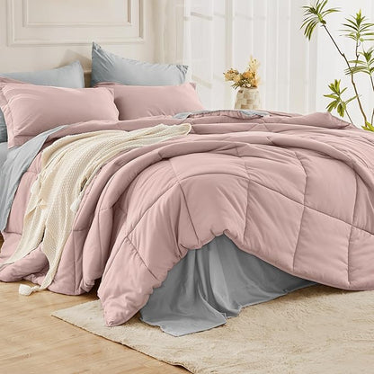JOLLYVOGUE King Comforter Set, Ultra-Soft Bed in a Bag King Size 7 Pieces, Oeko-TEX Certified Bedding Set with Down Alternative Comforter, Sheets, Pillowcases & Shams, Pink & Light Grey