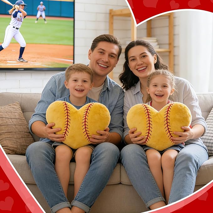 2Pcs Softball Throw Pillow, 11 in Soft Embroidered Fluffy Softball Pillow, Stuffed Plush Heart Shape Softball Pillow for Bedrooom Couch Bed Decoration, Gift for Softball Lover Player Team