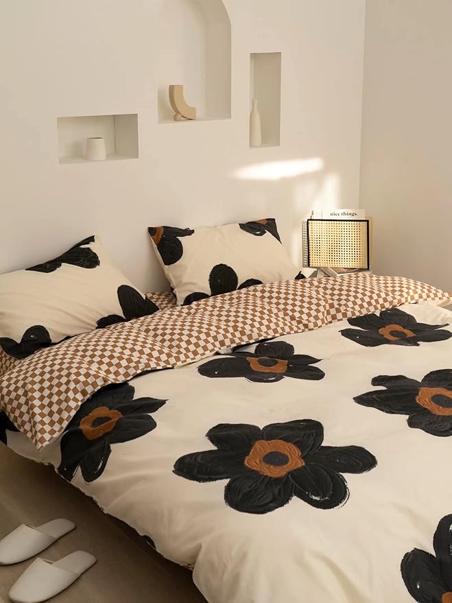 KAREVER Black Floral Comforter Set Black Botanical Bedding Full Women Chic Blankets Lightweight Black Sunflower Reversible Bed Comforter Set Full Size