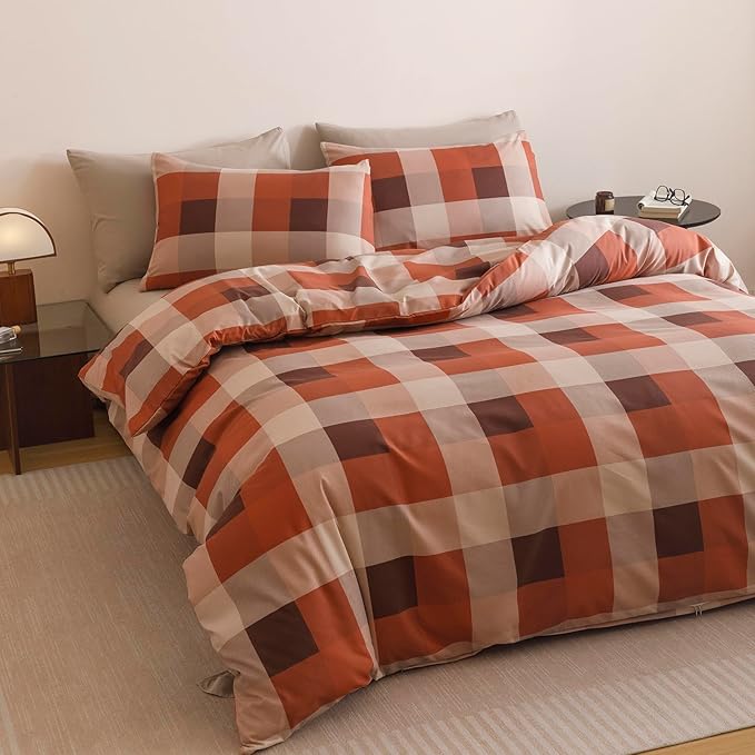CLOTHKNOW Rust Khaki Plaid Twin Comforter Set Gingham Buffalo Bedding Comforter Sets Check Comforter Soft Lightweight Fluffy