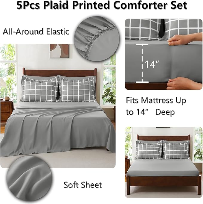 CozyLux Twin XL Comforter Set Grey - 5 Pieces Plaid Bed in a Bag Set, Ultra-Soft Twin XL Bedding Set Bed Set with All Season Quilted Comforter, Flat Sheet, Fitted Sheet, Pillowcase & Pillow Sham