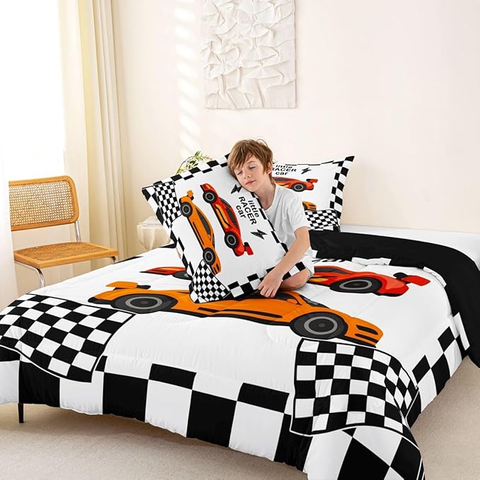 jejeloiu Boys Cartoon Racer Car Bedding Set King Size Black White Checkerboard Comforter Set for Kids Red Orange Duvet Set Cute Car Quilt Set 3Pcs