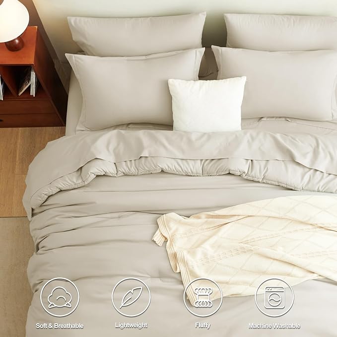 CozyLux Queen Comforter Set Oatmeal, 7 Pieces Bed in a Bag Soft Bedding Comforter Set with Sheets, All Season Boho 7PC Bed Sets with Comforter, Fitted Sheets, Flat Sheets, Pillow Shams and Pillowcases