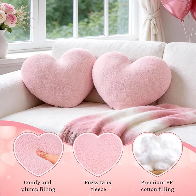 Pink Heart Pillow Decorative Throw Pillows, Fuzzy Heart Shaped Pillow for Bed Couch Chair, Faux Fleece Cute Love Pillow Cushion for Room Decor, Valentines Day, 15" x 13"