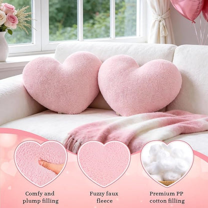 Pink Heart Pillow Decorative Throw Pillows, Fuzzy Heart Shaped Pillow for Bed Couch Chair, Faux Fleece Cute Love Pillow Cushion for Room Decor, Valentines Day, 15" x 13"
