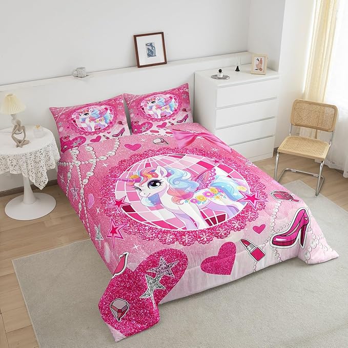 Cartoon Unicorn Kids Comforter Set King Size,Bowknot High-heeled Shoes Lip Romantic Bedding Set,Girls Women Room Decor,Stars Sparkling Princess Down Comforter,Pink Cute Duvet Insert,2 Pillowcases