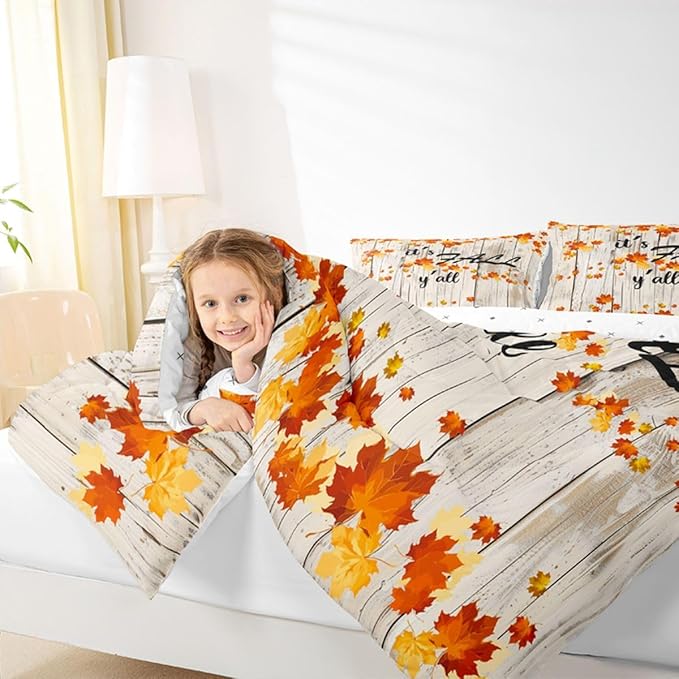 Fall Maple Leaves Bedding Sets Twin Autumn Nature Botanical Comforter Set Rustic Farmhouse Fall Bedding Comforters For Kids Adults Soft Lightweight Bed Duvet Set Orange Gold Beige 1 Pillow Case