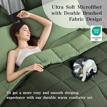 Queen Size Comforter Set - 8 Piece Green All-Season Luxury Bedding with Reversible Lightweight Comforter, Bed Skirt, Flat Sheets, Pillowcases & Pillow Shams