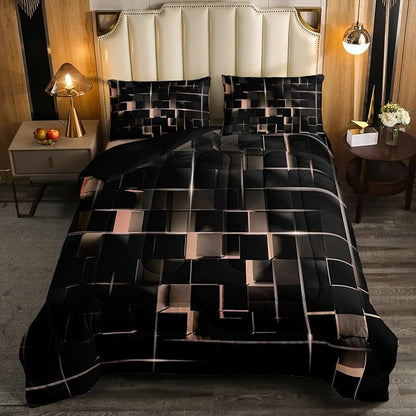 Erosebridal Light Yellow Black Full Comforter Set Geometric Light Honeycomb Bedding Set for Kids Teens Adult, Decor Down Comforter Modern Style Quilt, Microfiber Lightweight All Season