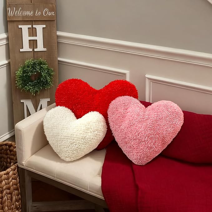 Bucherry 3 Pcs Valentine's Day Heart Throw Pillows, Red White Pink Heart Pillow Soft Decorative Back Cushion for Girls Women Bed Sofa Valentines Wedding Gifts Home Decor(Plush,Without Ruffed)