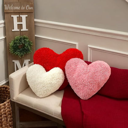 Bucherry 3 Pcs Valentine's Day Heart Throw Pillows, Red White Pink Heart Pillow Soft Decorative Back Cushion for Girls Women Bed Sofa Valentines Wedding Gifts Home Decor(Plush,Without Ruffed)
