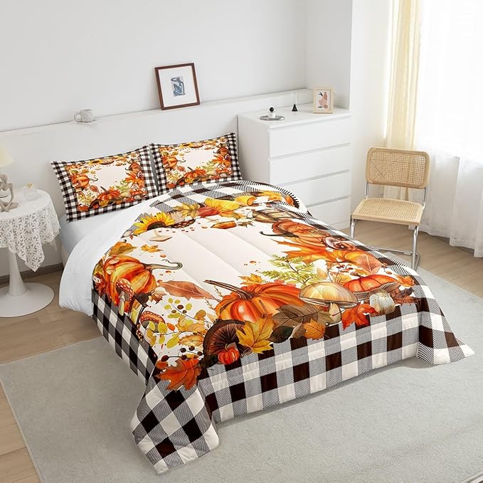 Buffalo Plaid Pumpkins Mushrooms Bedding Set Twin,Vintage Fall Harvest Theme Comforter Set For Home Bedroom,Autumn Maple Leaves Sunflower Comforter Thanksgiving Gifts Quilt Orange Black White 2 Pcs