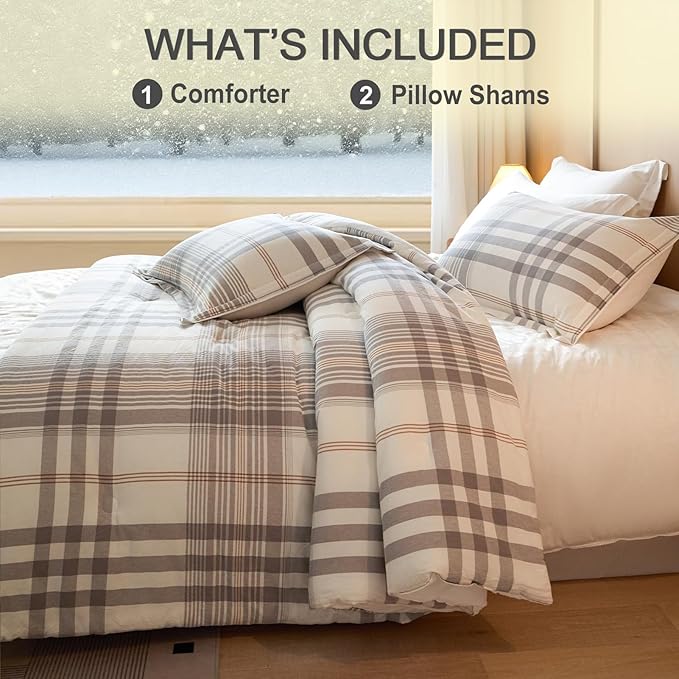 100% Cotton Comforter Set Queen Size – Reversible Yarn-Dyed Checkered Design, Soft Washed Cotton on Both Sides, Lightweight All-Season Bedding, Machine Washable(Grey White Plaid, 90”x90”)