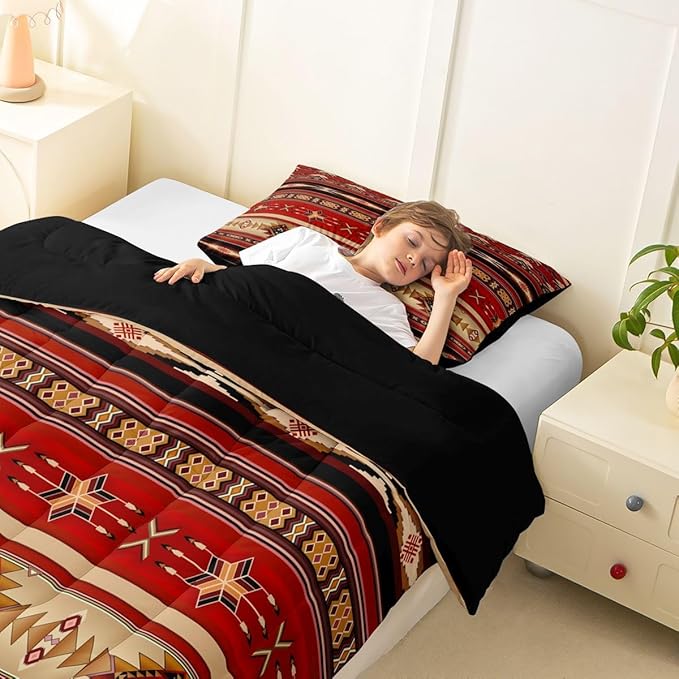 Erosebridal Aztec Bedding Set Ethnic Tribal Arrow Comforter Set,Vintage Southwestern Native Bohemian Quilt Twin,Western Star Duvet Insert Exotic Geometric Diamond Stripes Room Decor,Red and Black