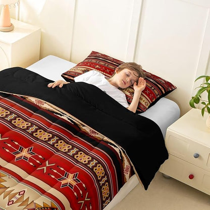 Erosebridal Aztec Bedding Set Ethnic Tribal Arrow Comforter Set,Vintage Southwestern Native Bohemian Quilt Twin,Western Star Duvet Insert Exotic Geometric Diamond Stripes Room Decor,Red and Black