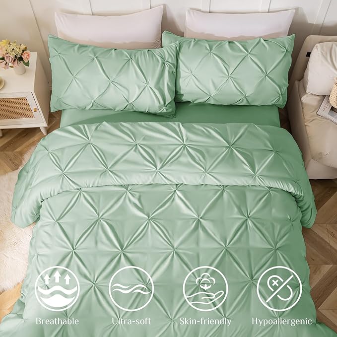 JOLLYVOGUE Queen Comforter Set 7 Pieces - Bed in a Bag Queen for All Season, Pintuck Bedding Comforter Sets with Comforter, Flat Sheet, Fitted Sheet and Pillowcases & Shams, Sage Green