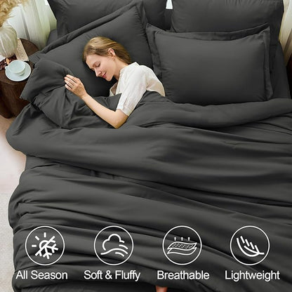 FUANNA Queen Comforter Set Dark Grey, 7 Pieces Soft Bedding Sets Queen Size, All Season Lightweight Bed in a Bag with Comforter, Flat Sheet, Fitted Sheet, Pillowcases & Shams