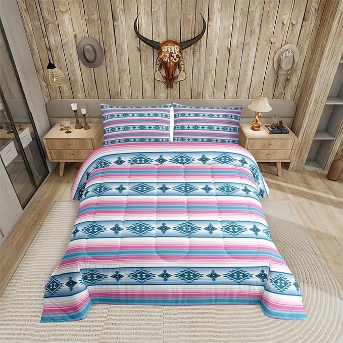 Erosebridal Bohemian Toddler Comforter Set for Girls Women,Western Boho Kids Bedding Sets Southwest Tribal Aztec Bedding Comforter Sets Ethnic Mexican Geometric Diamond Stripe Bed Set Room Decor