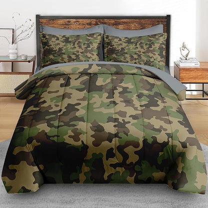 Comforter Set Queen Size, Military Hunting Camouflage 7 Pcs Bedding for Kids and Adults, Brown Green Camo Bed Sheet Sets with Fitted Sheet 2 Pillowcases & 2 Shams