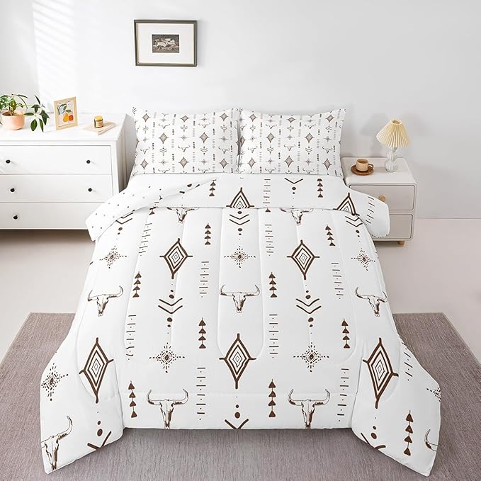 Feelyou Bull Skull Western Comforter Set Boho Ethnic Horns Bedding Set King Size for Kids Adult Brown White Tribal Symbol Mysterious Aztec Comforter