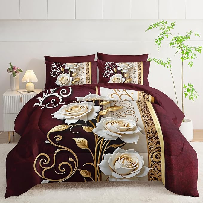 Red and White Floral Comforter Set Queen Size 7 Piece，Rose Queen Bedding Set，(1 Comforter, 1 Flat Sheet, 1 Fitted Sheet, 2 Pillowcase and 2 Pillow Sham)，White Rose Bedroom Decor