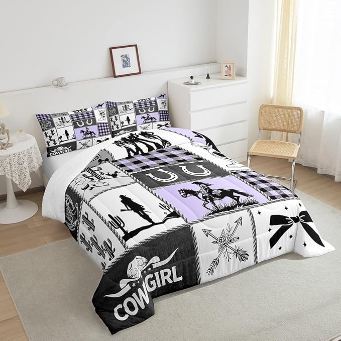 Western Cowgirl Bow Comforter Set Queen Size,Cactus Horseshoes Cowgirl Boot Bedding Set,Girls Women Room Decor,Cow Skull Geometric Plaids Patchwork Down Comforter,Rustic Duvet Insert,2 Pillowcases