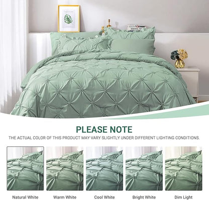 JOLLYVOGUE Green Twin Size Comforter Sets 5 Pieces, Pintuck Bed in a Bag Comforter Set for Bedroom, Bedding Comforter Sets with Comforter, Sheets,Ruffled Shams & Pillowcases