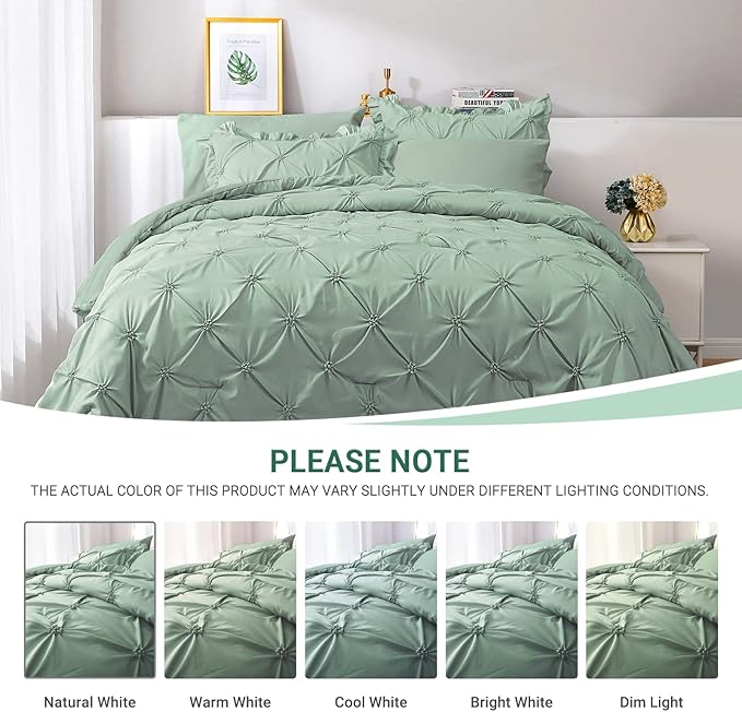 JOLLYVOGUE Green Cal King Size Comforter Sets 7 Pieces, Pintuck Bed in a Bag Comforter Set for Bedroom, Bedding Comforter Sets with Comforter, Sheets,Ruffled Shams & Pillowcases