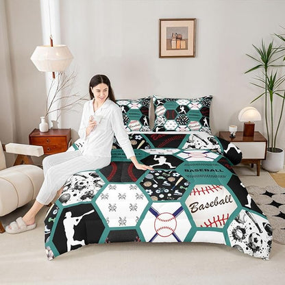 Erosebridal Boys Comforter Set Full,Baseball Sports Bedding Comforter Set Full for Kids,Baseball Player Bat Bedding,Geometric Ball Game Duvet Insert with 2 Pillowshams All Season,Green White Black