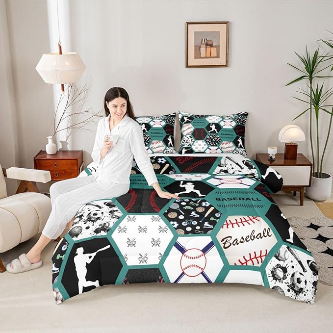 Erosebridal Sports Bedding Set for Kids Boys Girls,Baseball Comforter King,Geometric Hexagonal Honeycomb Comforter Sets,Ball Game Printed Patchwork Duvet Insert with 2 Pillowcases,Green White Black