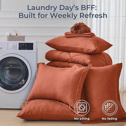 HEVUMYI Burnt Orange Queen Comforter Set - 7-Piece All Season Bed in a Bag Queen, Ultra Soft Bedding Set with Comforter, Flat Sheet, Fitted Sheet, Pillowcases, Pillow Shams