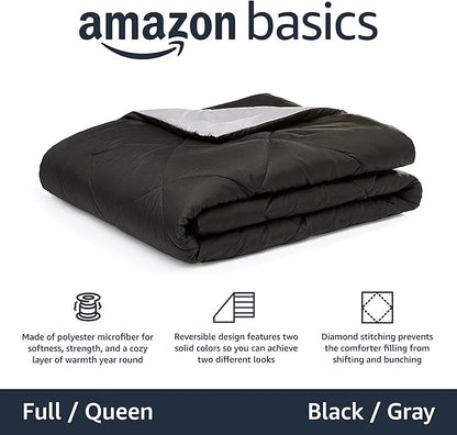 Amazon Basics Comforter Blanket, Reversible, Lightweight Microfiber, Machine Washable, All Season, Full/Queen, Black/Grey