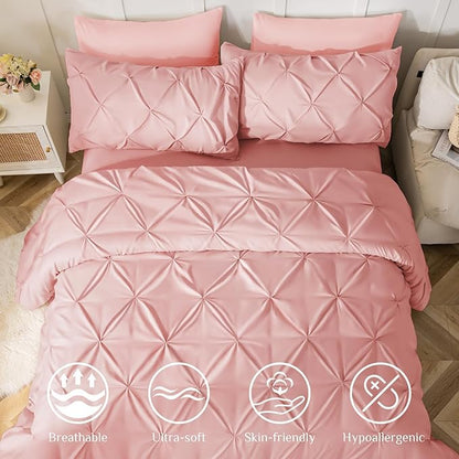 JOLLYVOGUE Queen Comforter Set 7 Pieces - Bed in a Bag Queen for All Season, Pintuck Bedding Comforter Sets with Comforter, Flat Sheet, Fitted Sheet and Pillowcases & Shams, Pink