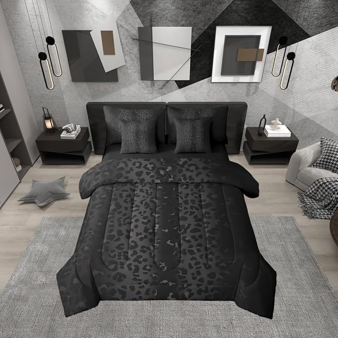 Erosebridal Ombre Black Grey Leopard Print Full Comforter Set 7 Pieces | Cheetah Fur Bed in A Bag for Bedroom Animal Skin Pattern Bedding Set with Comforters Women Men Adults Room Decor