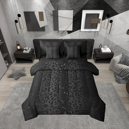 Erosebridal Ombre Black Grey Leopard Print Full Comforter Set 7 Pieces | Cheetah Fur Bed in A Bag for Bedroom Animal Skin Pattern Bedding Set with Comforters Women Men Adults Room Decor