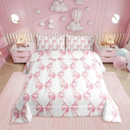 Erosebridal Ribbon Bow Bedding Set for Kids Girls Teen Women,Pink Girly Bowknot Bedding Comforter Sets Toddler Cute Fantasy Princess Comforter Set Kawaii Bow Tie Bed Duvet Set 1 Pillow Case