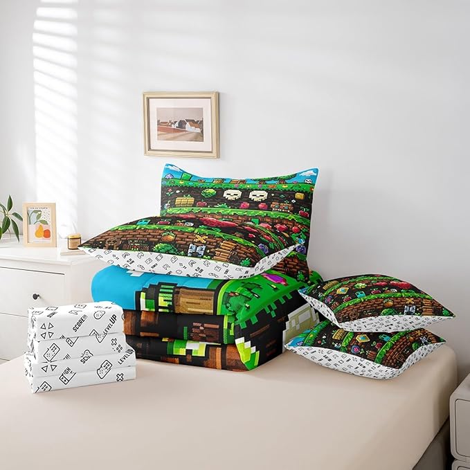 Video Games 7Pcs Comforter Set Queen Size,Colorful Pixelated Themed Bedding Set for Kids Boys Teens Men Room Decor,Sandbox Block Fitted Flat Sheet Funny Gamer Reversible 2 Throw Pillow,2 Pillowcases