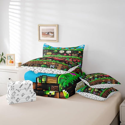 Video Games 7Pcs Comforter Set Queen Size,Colorful Pixelated Themed Bedding Set for Kids Boys Teens Men Room Decor,Sandbox Block Fitted Flat Sheet Funny Gamer Reversible 2 Throw Pillow,2 Pillowcases