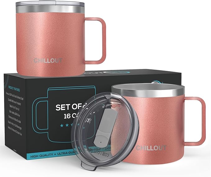 CHILLOUT LIFE Stainless Steel 16 oz (Set of 2) - Vacuum Insulated Coffee Mug with Handle and Lid, Large Thermal Camping Coffee Mug Cup with Durable Sliding Lid for Women - Rose Gold