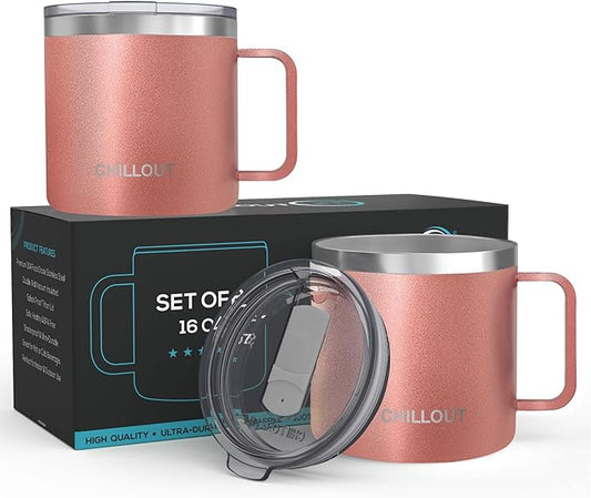 CHILLOUT LIFE Stainless Steel 16 oz (Set of 2) - Vacuum Insulated Coffee Mug with Handle and Lid, Large Thermal Camping Coffee Mug Cup with Durable Sliding Lid for Women - Rose Gold