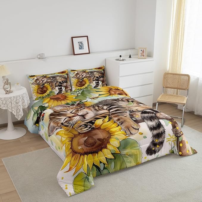 Erosebridal Kids Cute Cat Comforter Set Queen Rustic Sunflower Bedding Set for Boys Girls Farmhouse Flowers Cat Bedding Comforter Sets Retro Watercolor Blossom Floral Animal Bed Set Yellow Brown